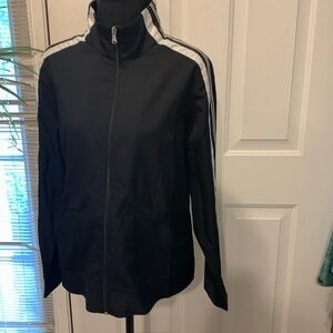 Women’s SJB light zip up jacket, black with white stripes on sleeves, size med